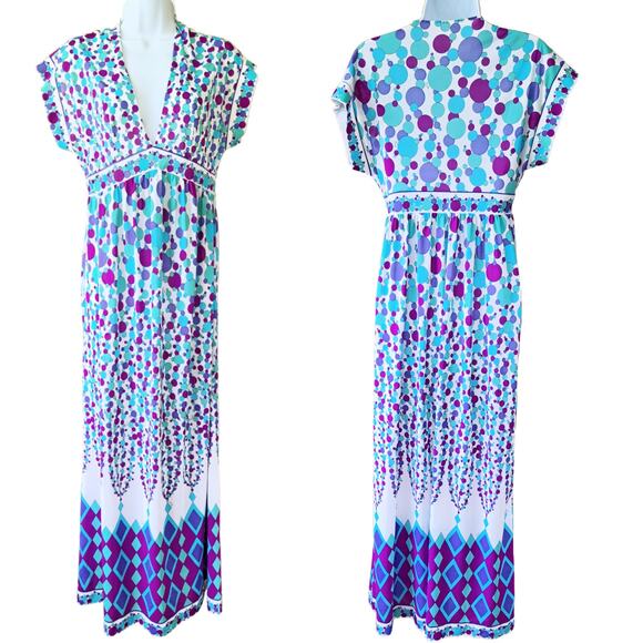 Vintage Emilio Pucci for Formfit Nylon Caftan Maxi Dress Small Blue Bubble Print - Picture 1 of 14